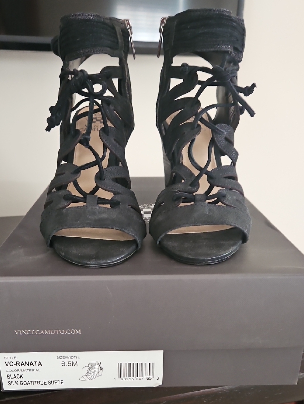 Vince Camuto Black Suede Lace-Up Open-Toe Heels